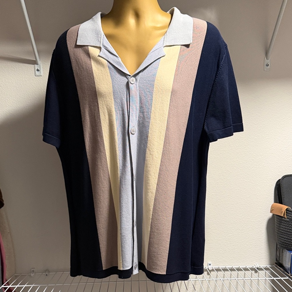 Topman Navy Short-Sleeve Button-Down with Pastel Stripe Panels